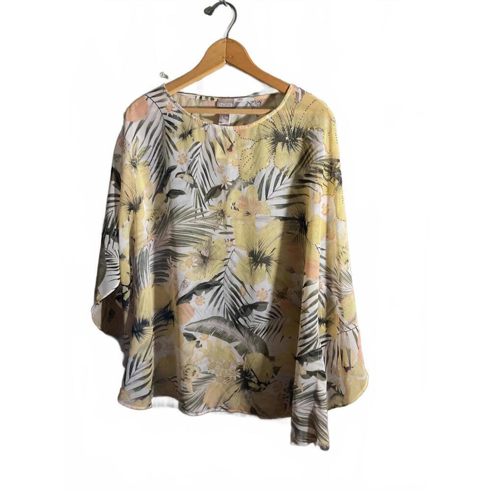 Chico's Floral Tropical Vacation Print Sheer Blouse S/M